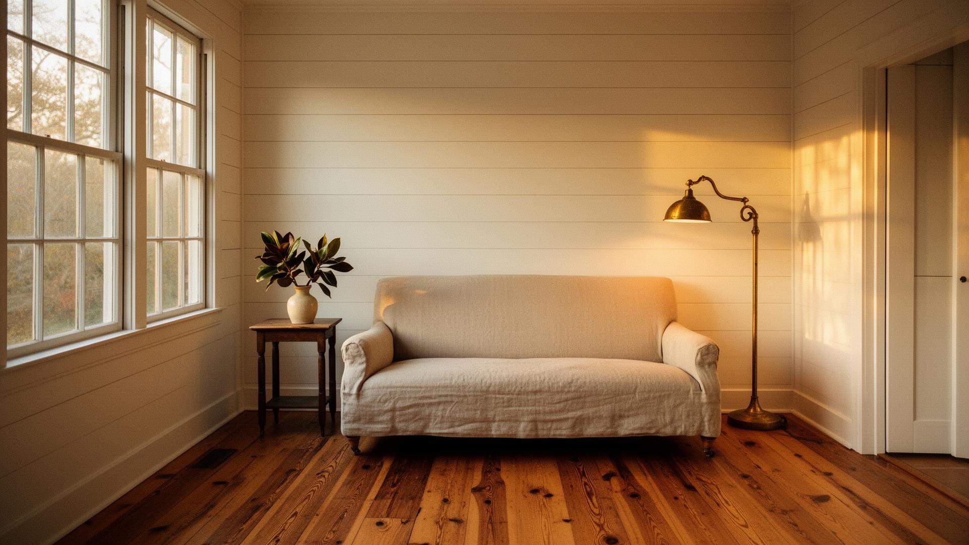 A small cottage living room at golden hour — heart pine floors, white shiplap, a single linen sofa, a brass floor lamp
