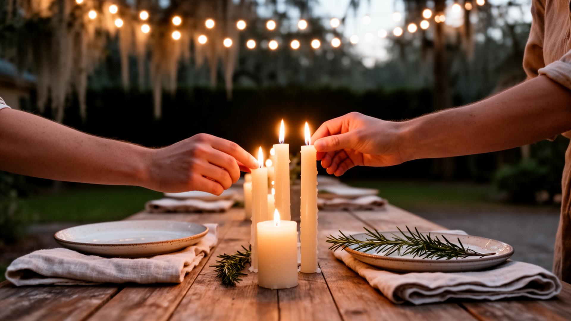 Two pairs of hands lighting taper candles on a long wooden courtyard table at dusk, fairy lights overhead