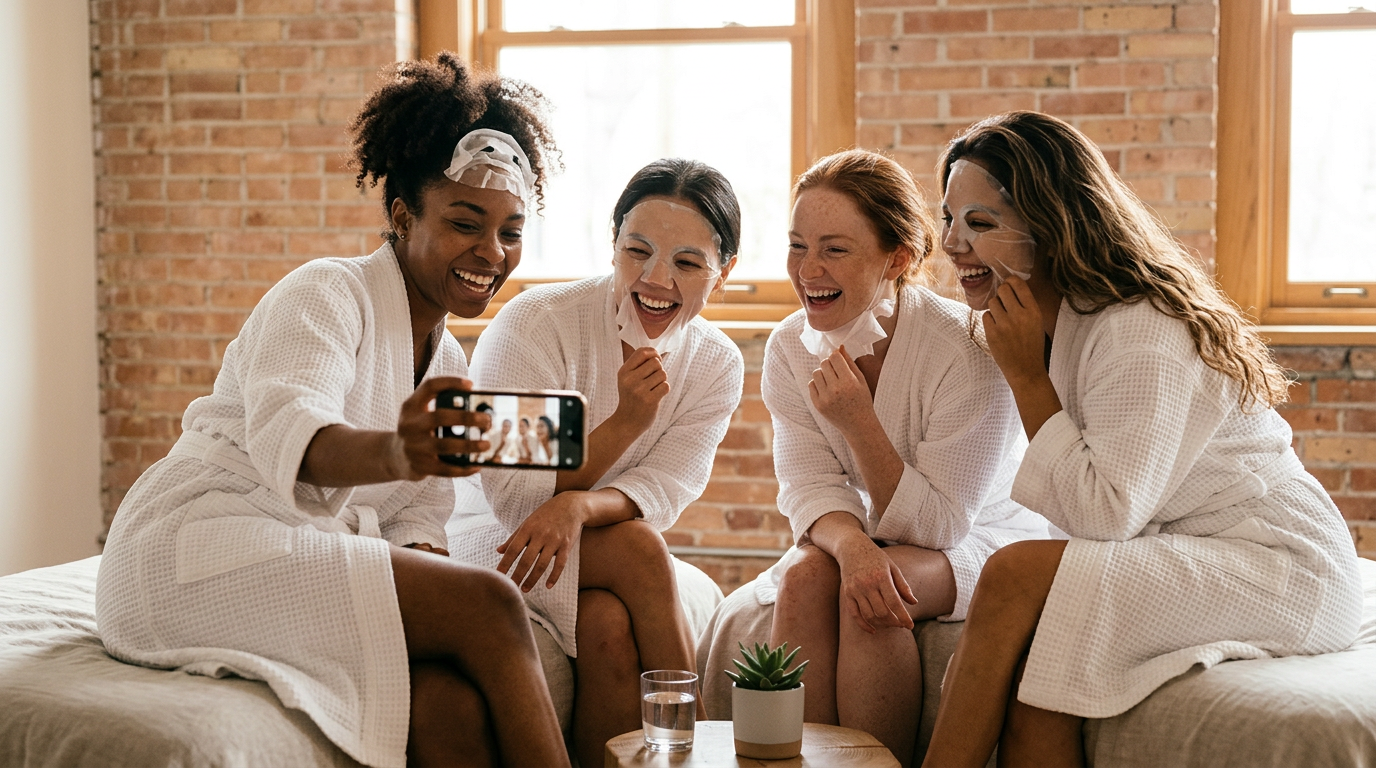 Friends getting facials together, laughing in the spa room