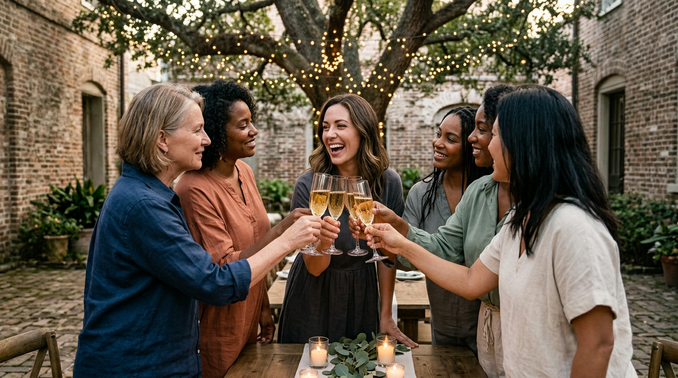 Friends raising glasses in a quiet birthday toast under fairy lights