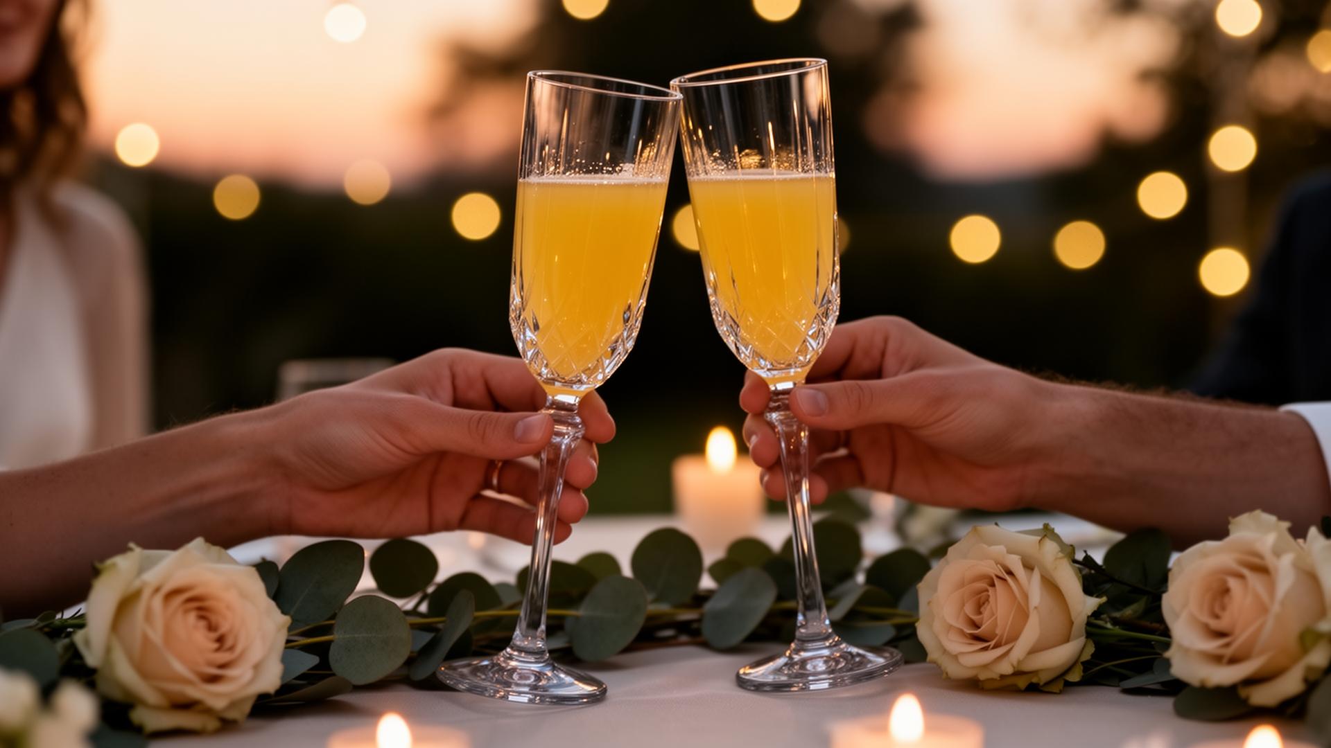 Friends raising glasses in a quiet birthday toast under fairy lights