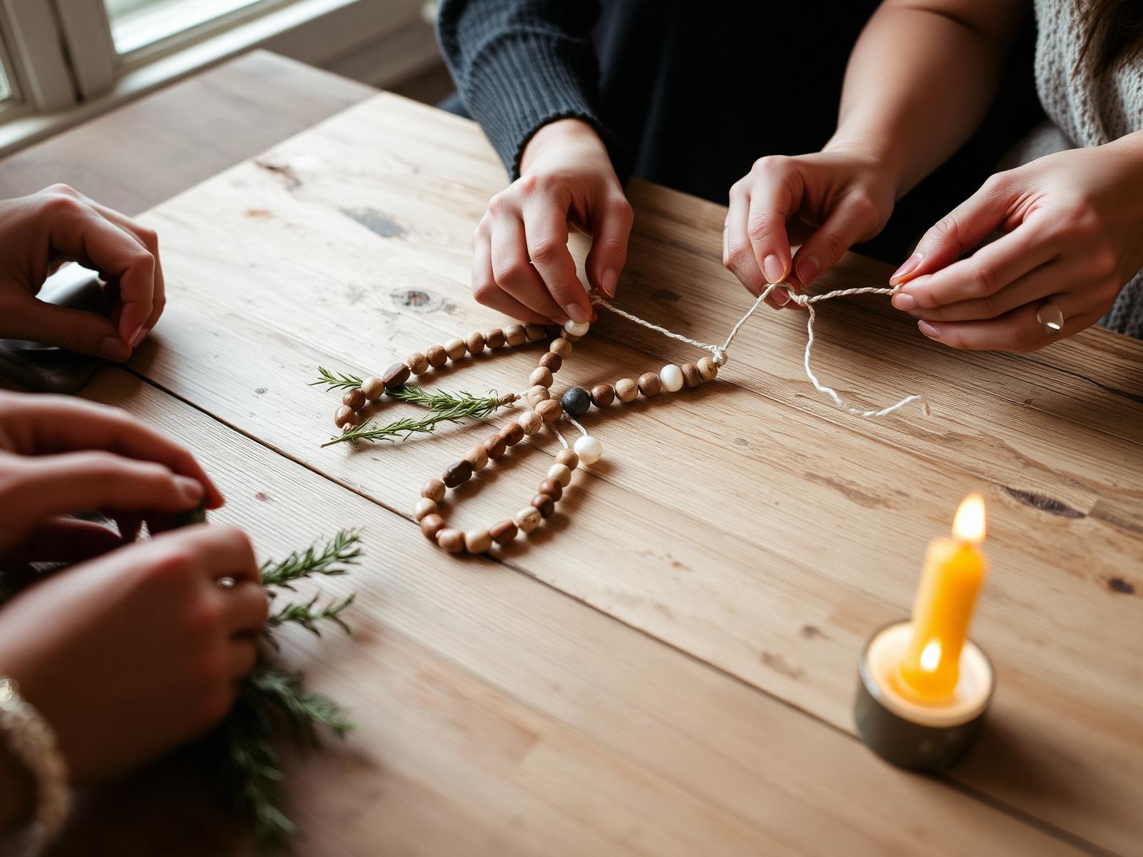 Hands threading beads onto a string at a candlelit Mother Blessing circle