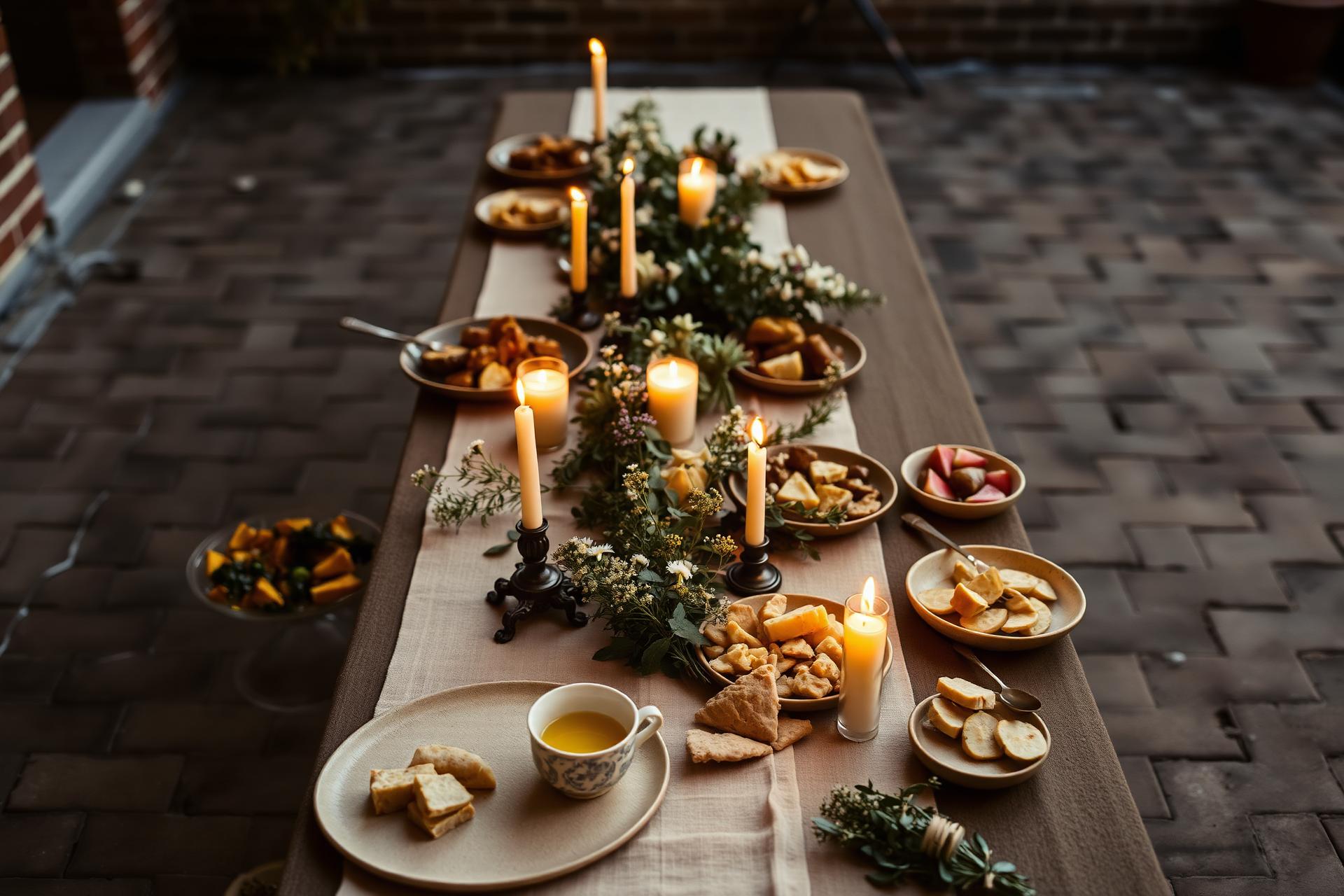 A long table laid for the mother — eucalyptus, candles, hand-written cards
