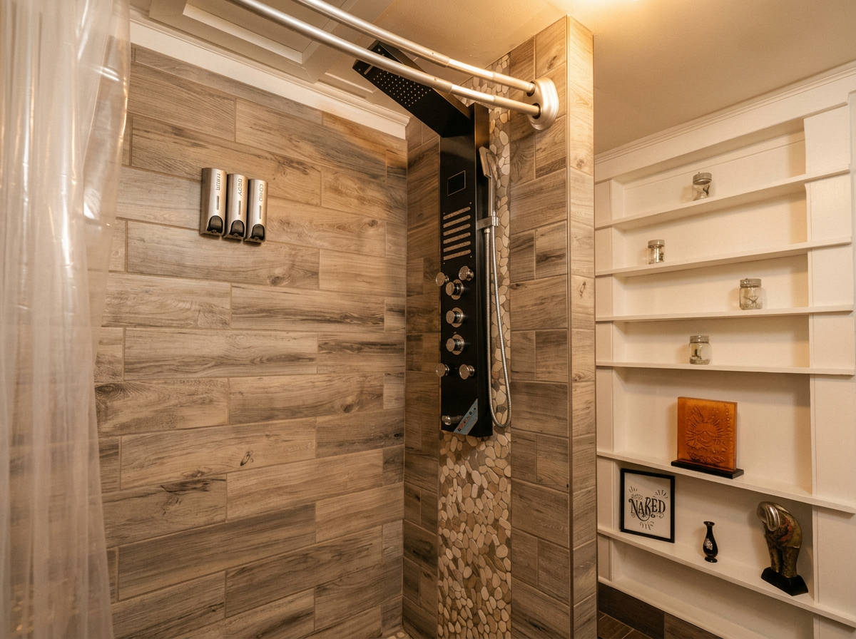 Spa-grade multi-jet shower panel and rainfall head against wood-plank tile, pebble accent strip, 'NAKED' framed art print on the wall