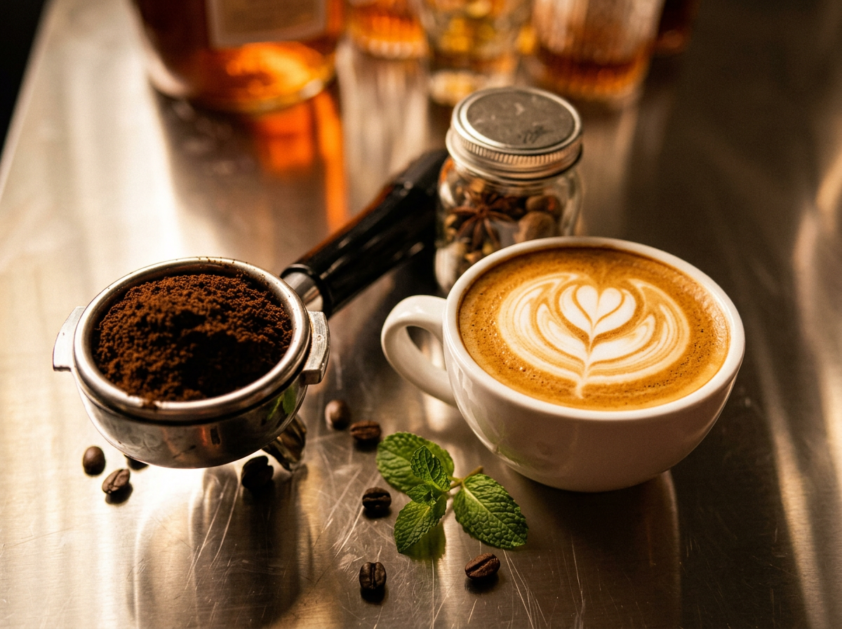 A heart-latte-art cappuccino on the stainless bar at the Porch & Pour, amber spirits glowing softly behind