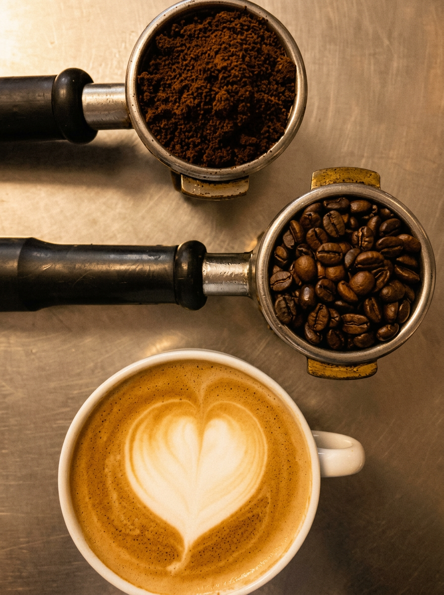 Two espresso portafilters — one with fresh grounds, one with whole beans — beside a heart-latte-art cappuccino at the Porch & Pour bar