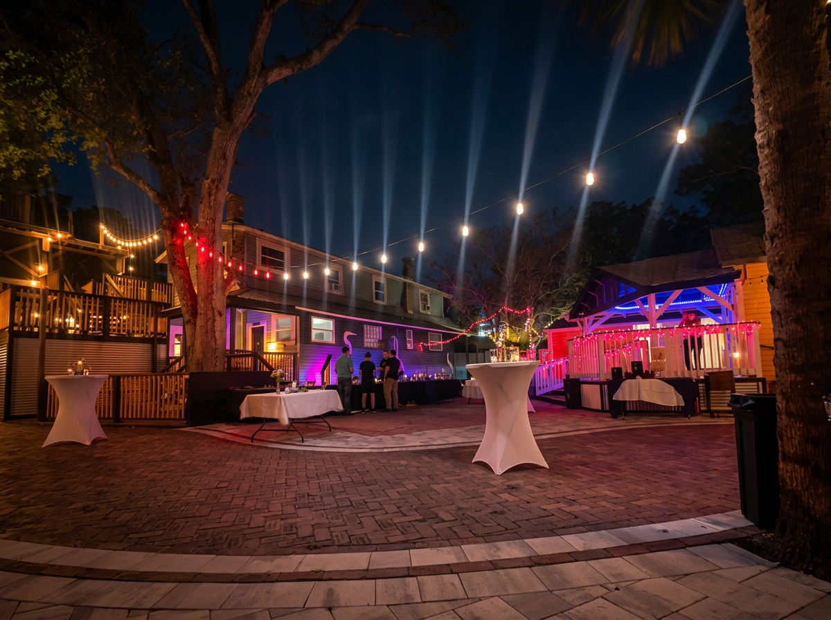 The courtyard at night with cocktail tables, fairy lights and red and blue uplights