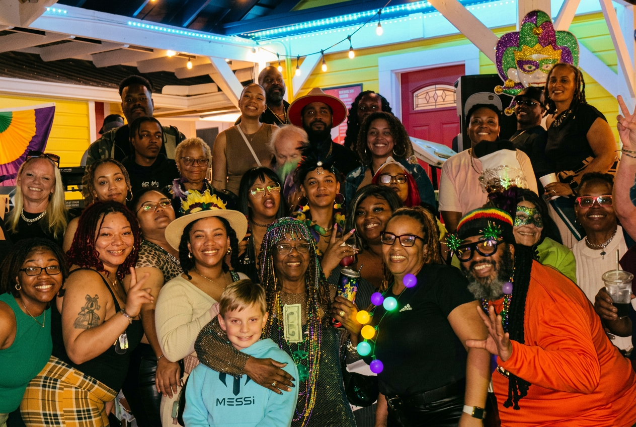 A joyful crowd in Mardi Gras beads and masks packed under the courtyard string lights