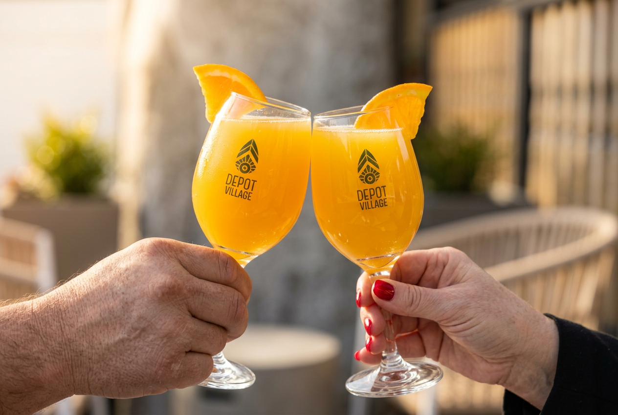 Two hands clinking Depot Village mimosa glasses in the morning sun