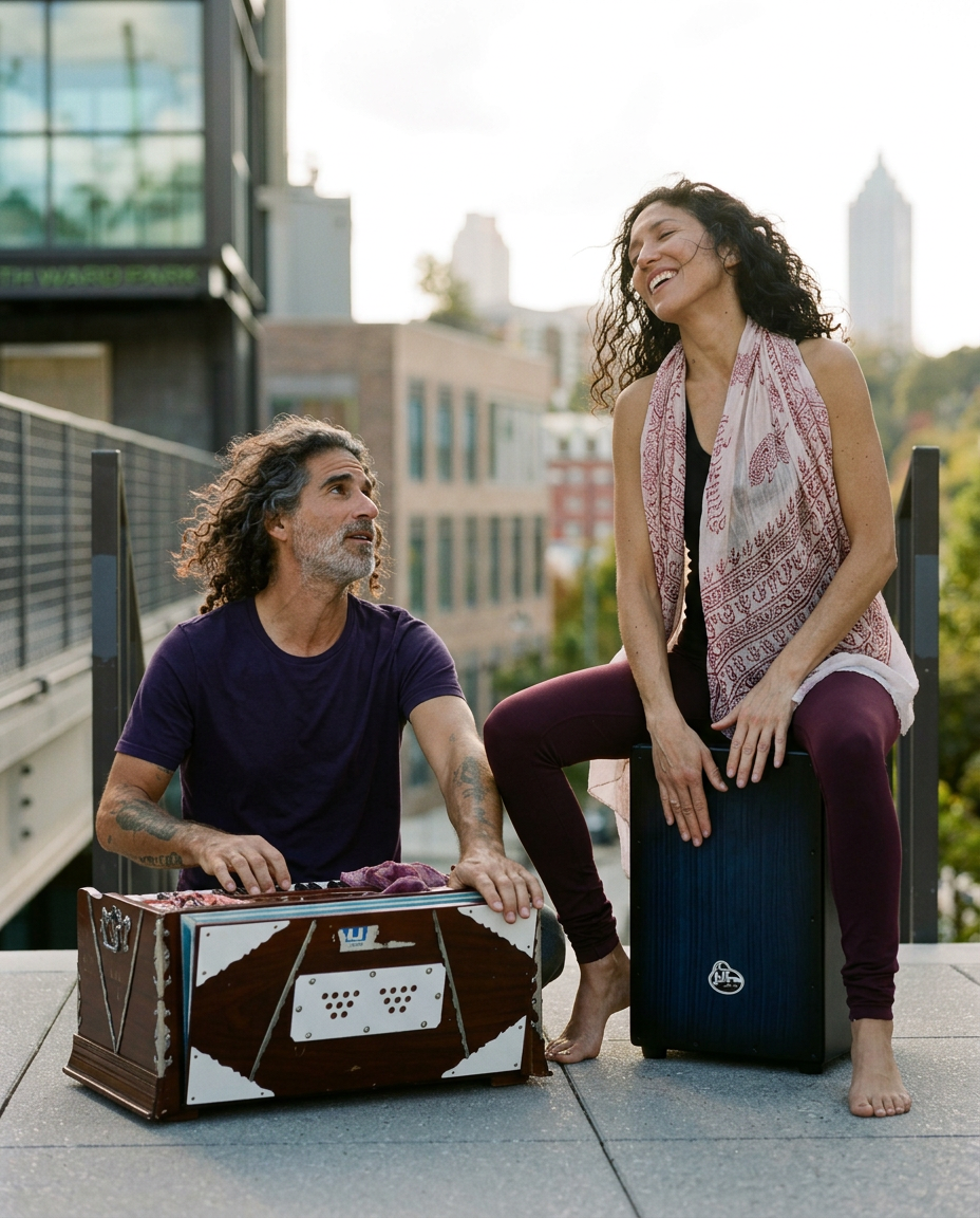 Two musicians — harmonium and cajón — playing barefoot under open sky