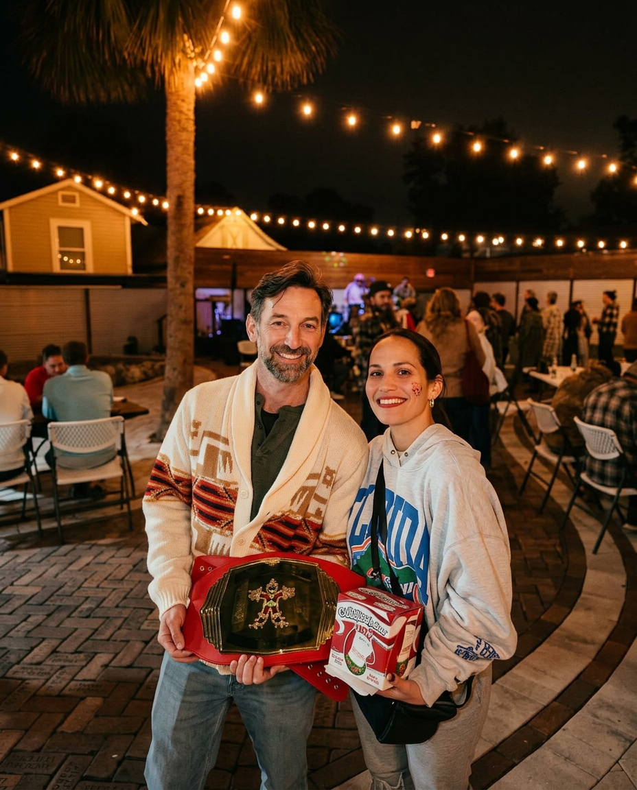 Eli and a guest holding a championship belt-style award in the lit courtyard at night