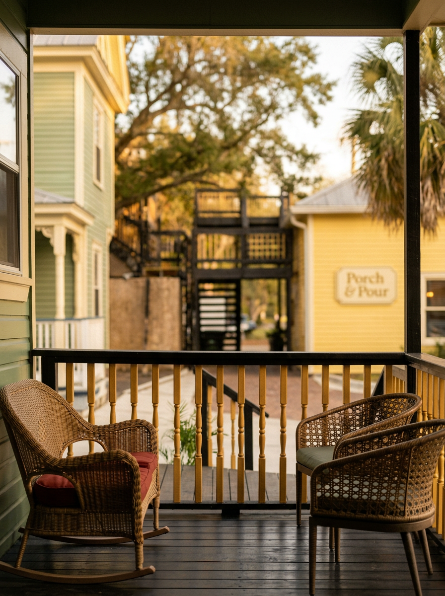 The view from the Heron House porch — every room shares this same courtyard outlook