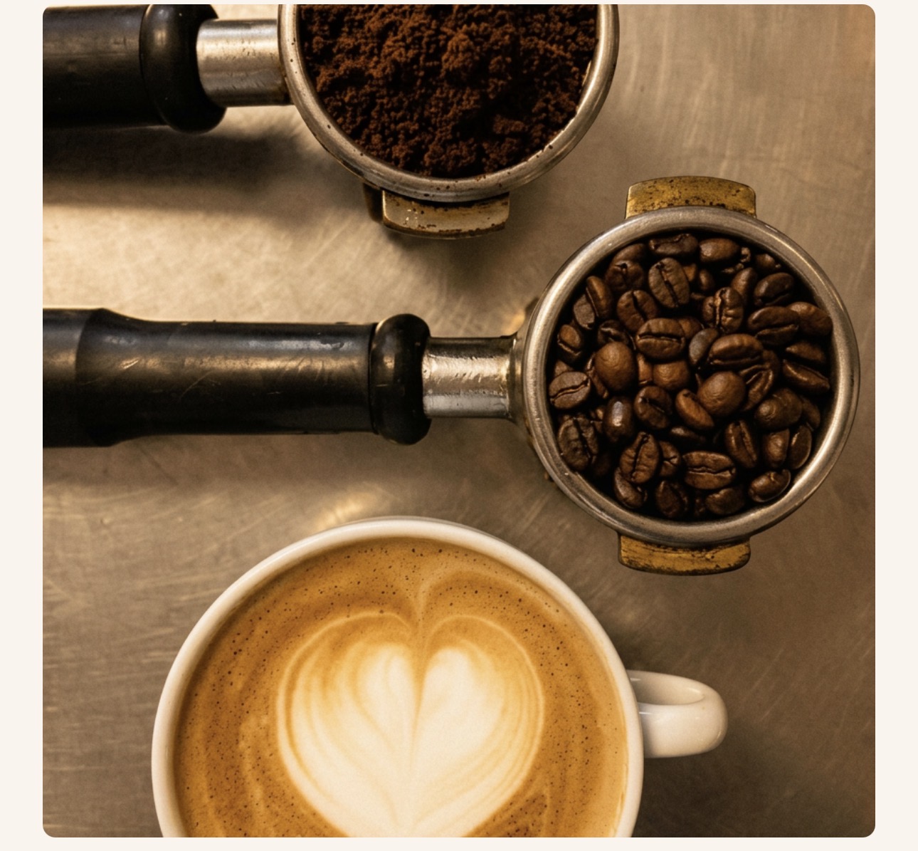 A heart-poured latte beside two espresso portafilters — one packed with grounds, one with whole beans — on the Porch & Pour bar
