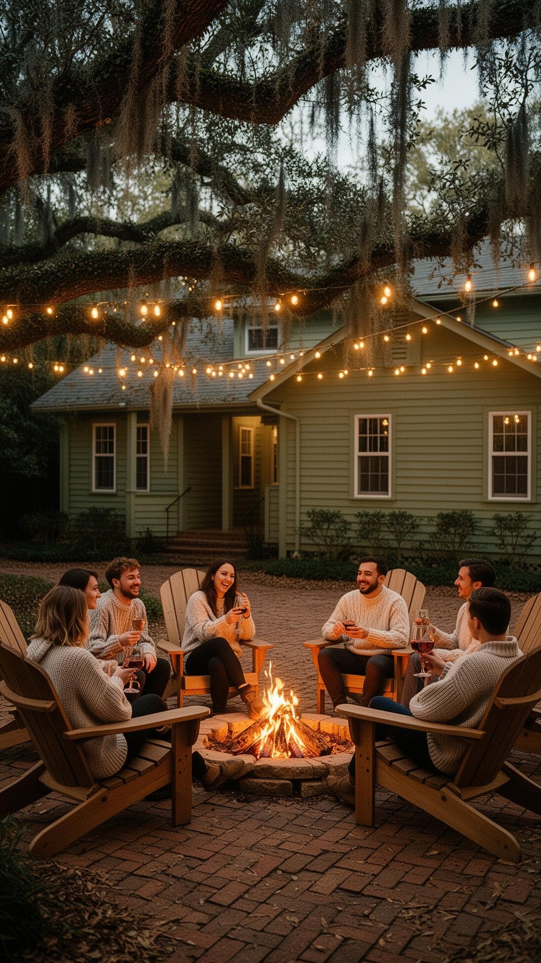 Brick-paver courtyard at dusk, string lights overhead, adirondack chairs around a small fire