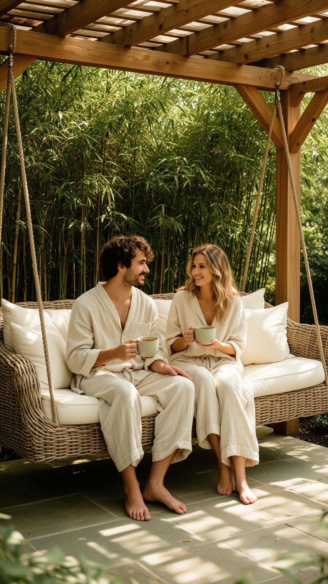 A wicker porch swing with linen cushions under a cedar pergola, bamboo behind
