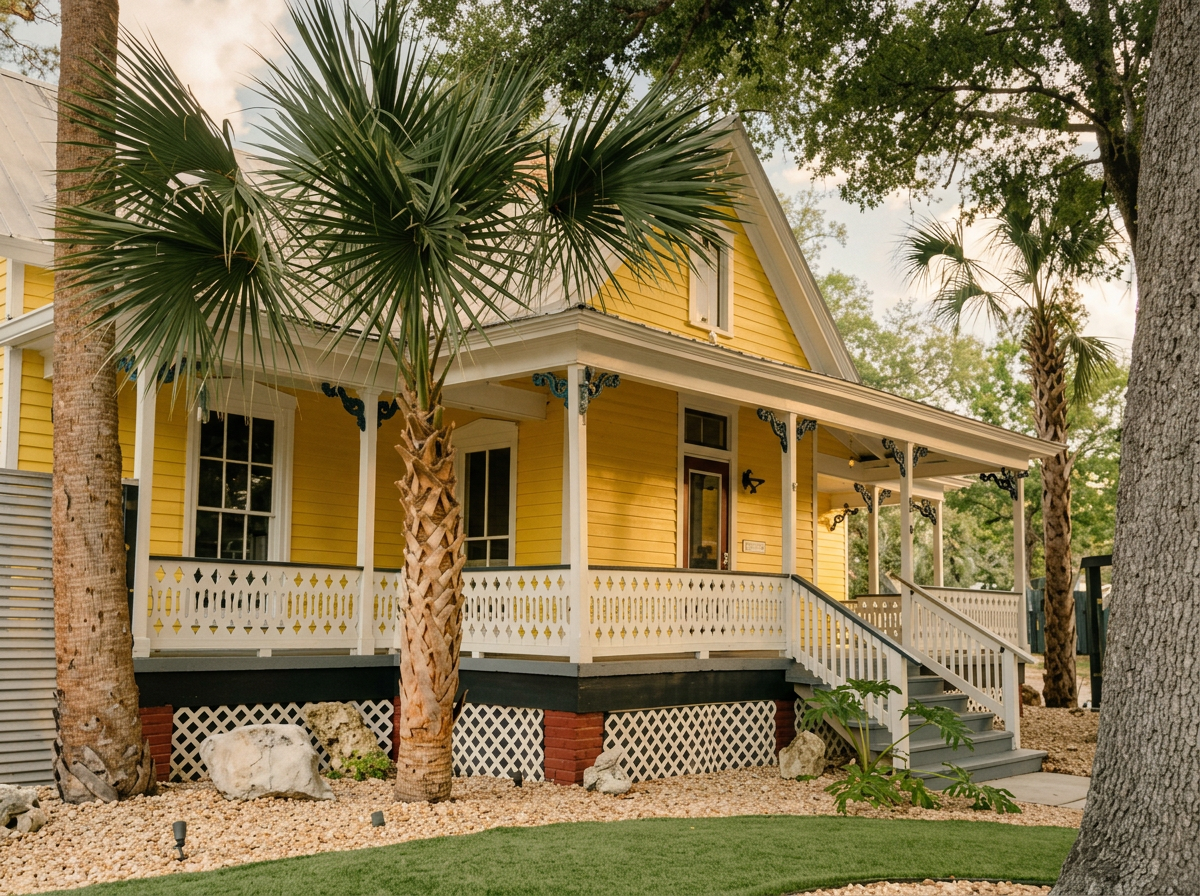 The Porch & Pour: a sunlit yellow Victorian with a deep wraparound porch, palmettos and live oaks framing the gingerbread trim — Depot Village's coffee-and-wine bar