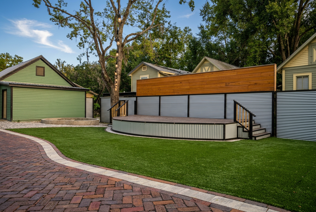 The outdoor stage at Depot Village, lawn and brick pavers under the oak