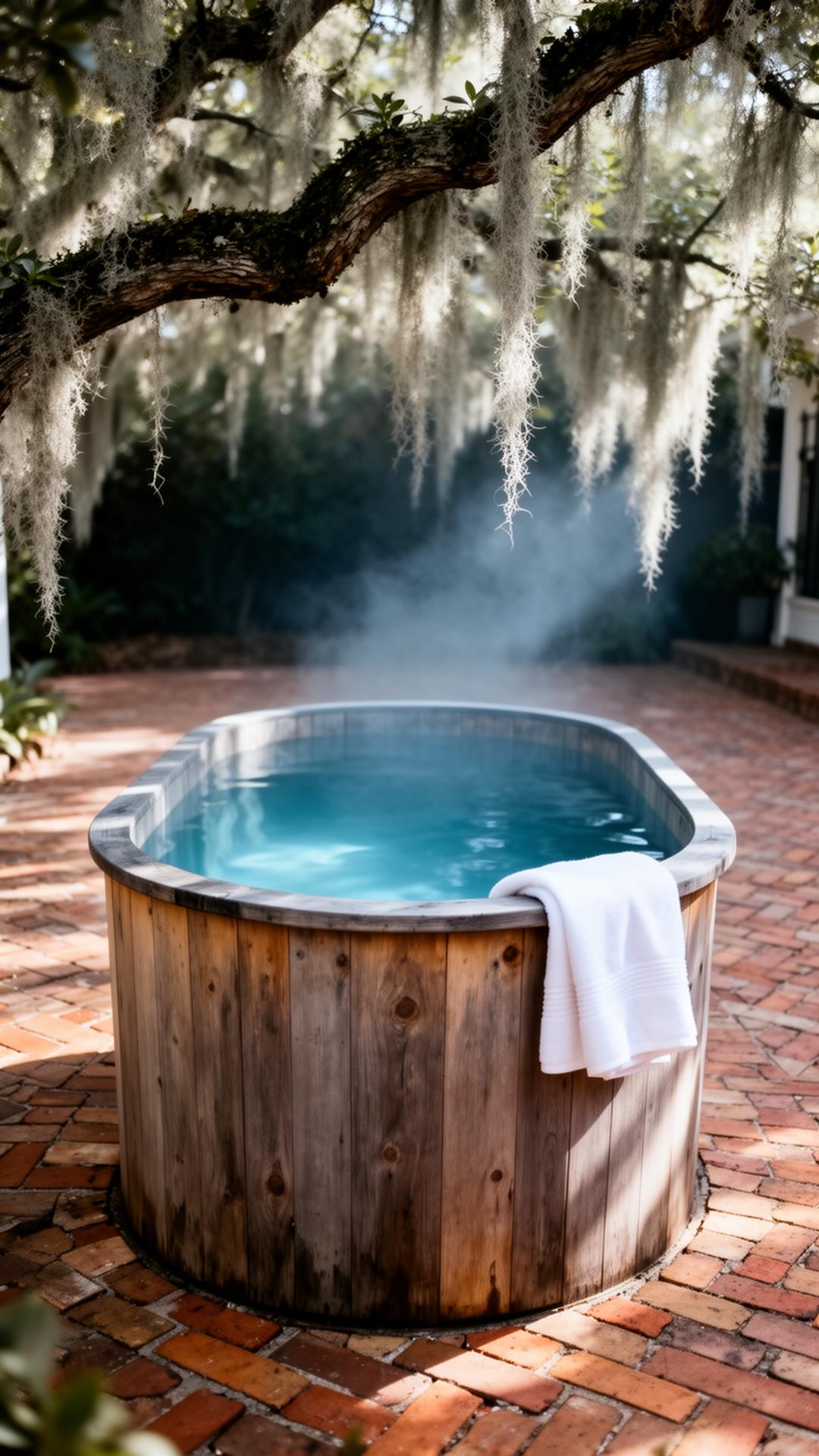 Weathered cedar cold plunge under live oak Spanish moss in the brick courtyard