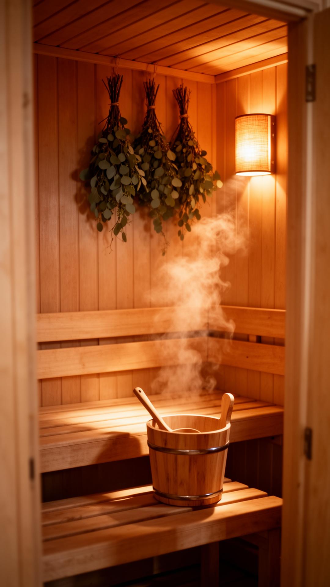Empty cedar sauna with hanging eucalyptus, soft amber lamp, steam catching the light