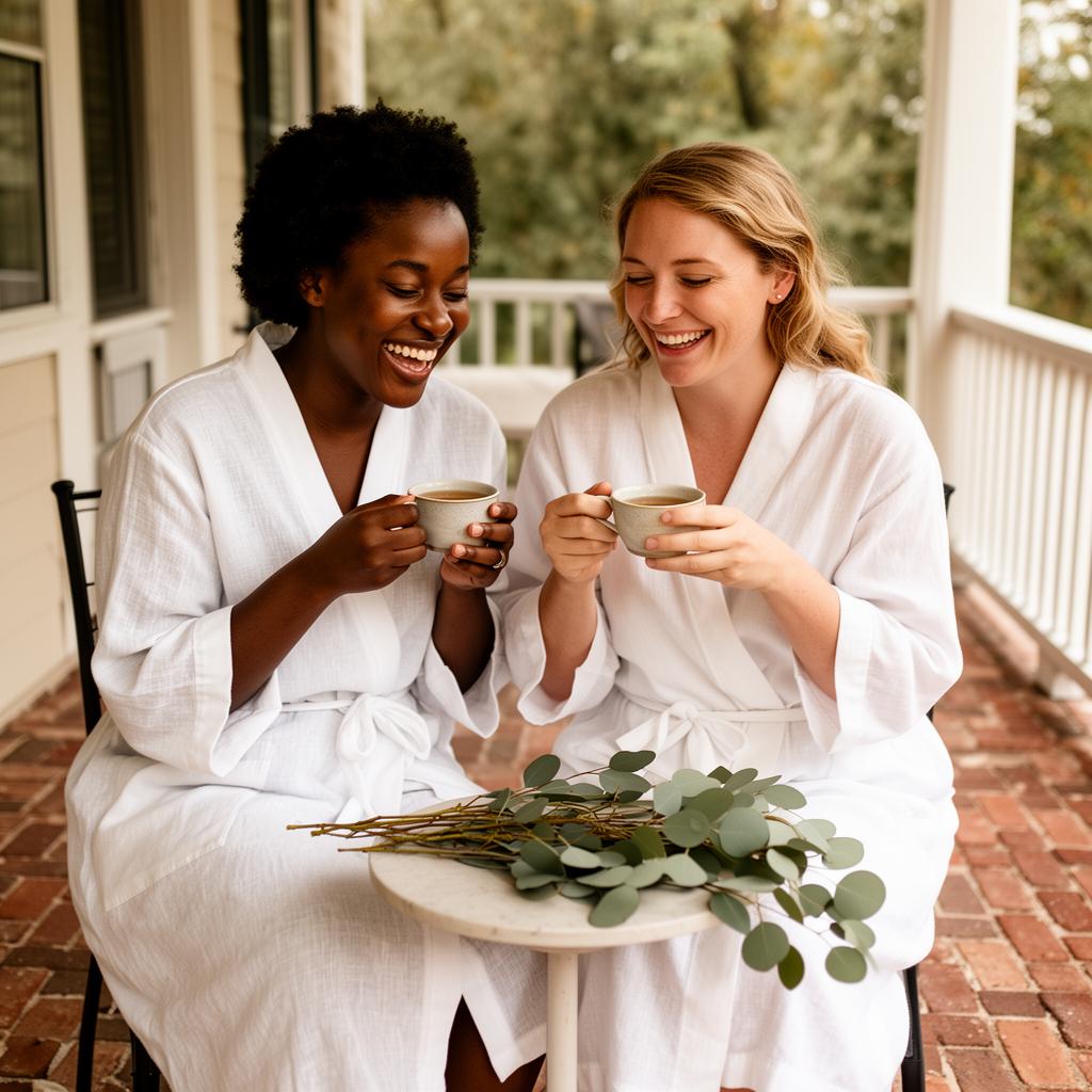 Two friends in white linen robes laughing on the porch with tea between treatments