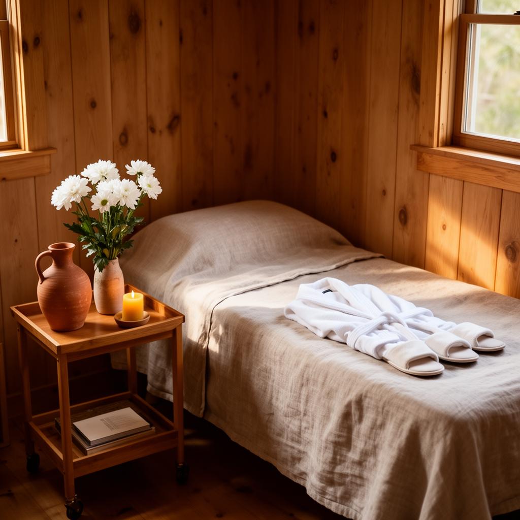 Heart-pine quiet room with linen daybed, ceramic carafe, white flowers, robe and slippers laid out