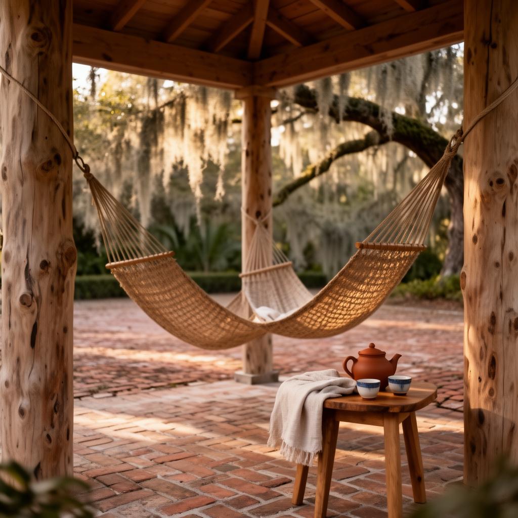 Two woven hammocks on the porch with a small clay teapot and ceramic cups