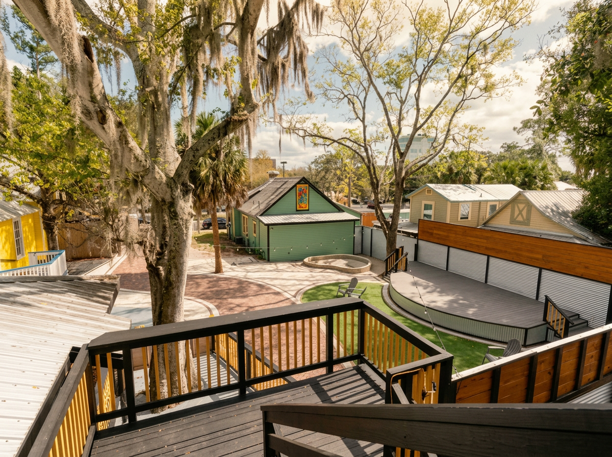 Looking down from the Treehouse deck across the entire Depot Village courtyard: Spanish-moss live-oak canopy, yellow Porch & Pour at left, sage Heron House across, fire pit and Adirondack chairs, brick paving