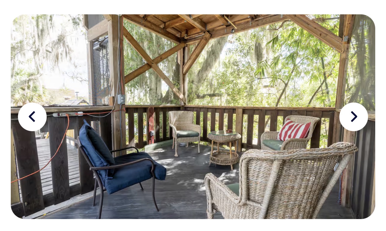 Screened porch deep in the live-oak canopy with wicker chairs and Spanish moss draping onto the screens
